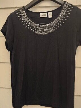 Chico's Black Embellished Neckline Top Size 1 Medium